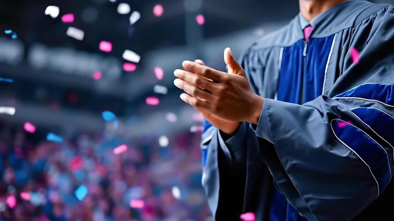 A man in a graduation cap and gown clapping his hands in front of a crowd