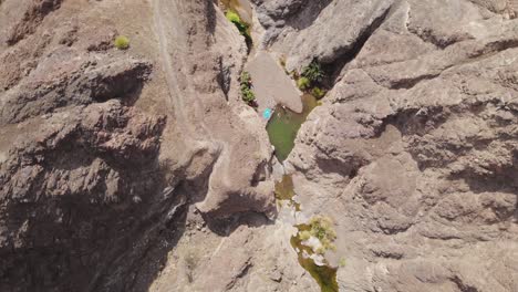 Group-of-friends-enjoy-a-day-of-swimming-at-a-natural-freshwater-pool-in-the-middle-of-a-dry-arid-wadi-valley