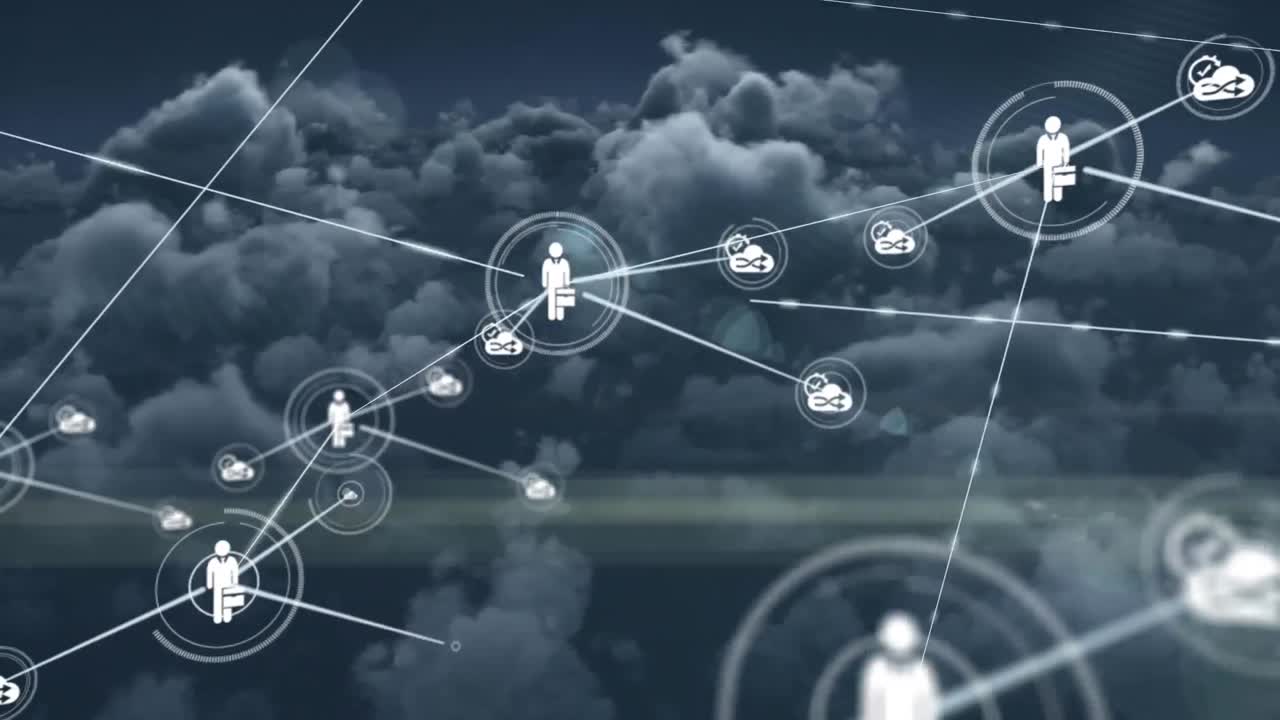 animación de una red de iconos digitales contra nubes oscuras