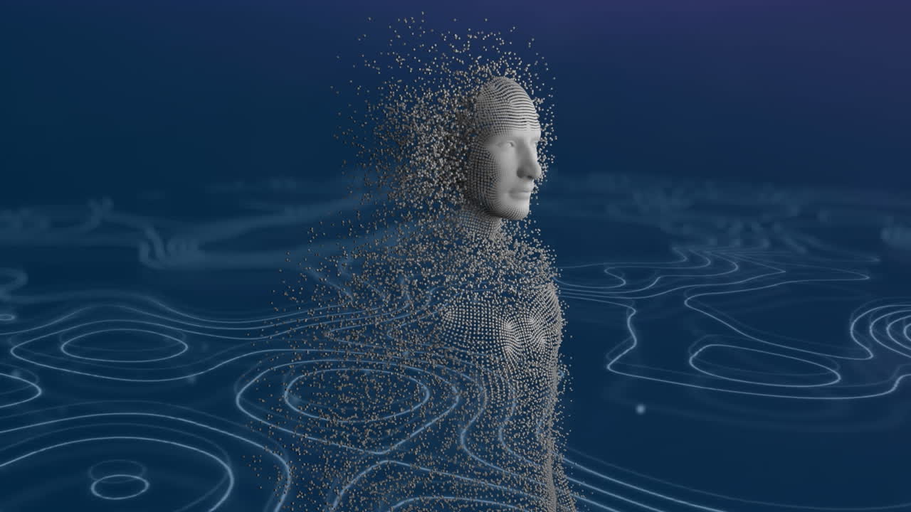 Animation of human body formed with exploding particles over network of connections background