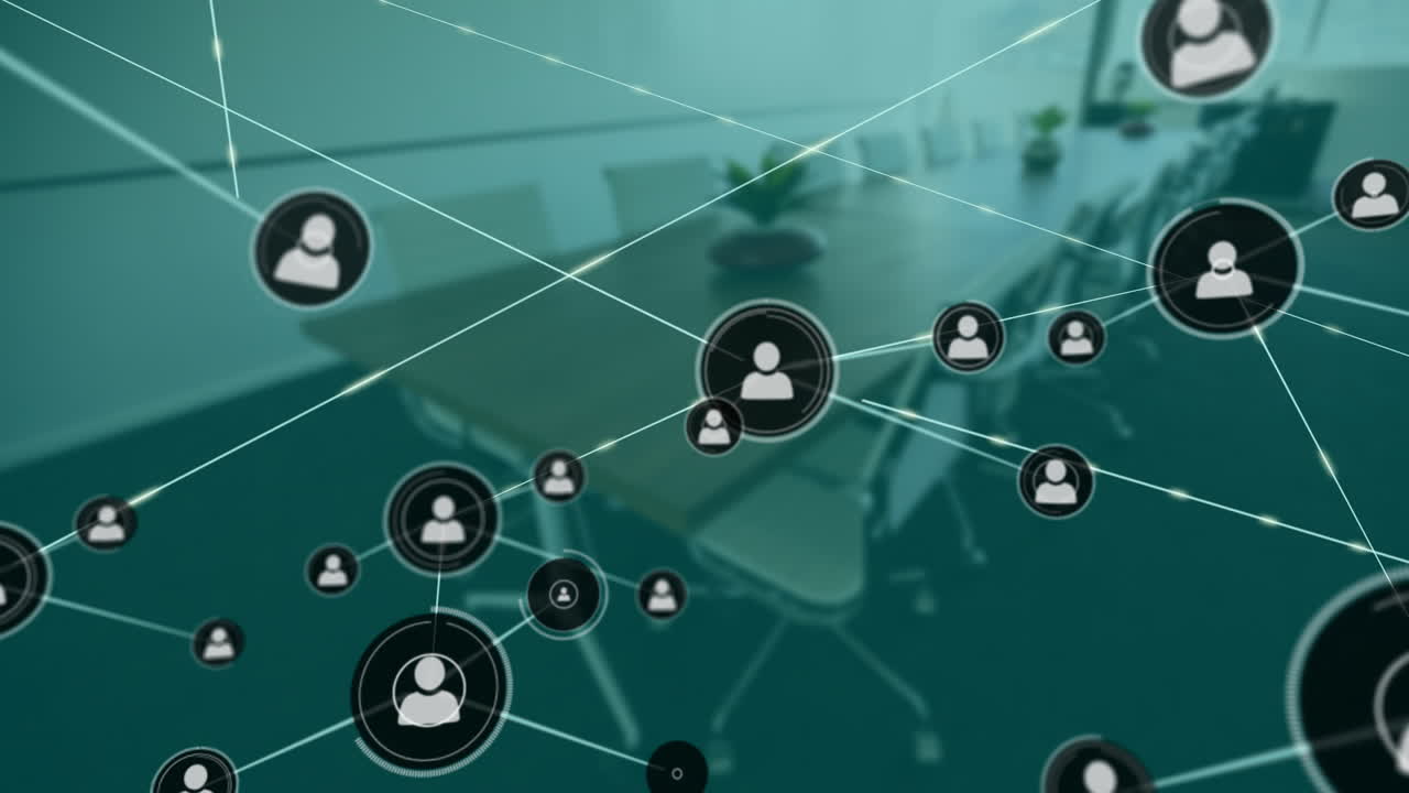 red de conexiones y animación de procesamiento de datos en la sala de reuniones de la oficina