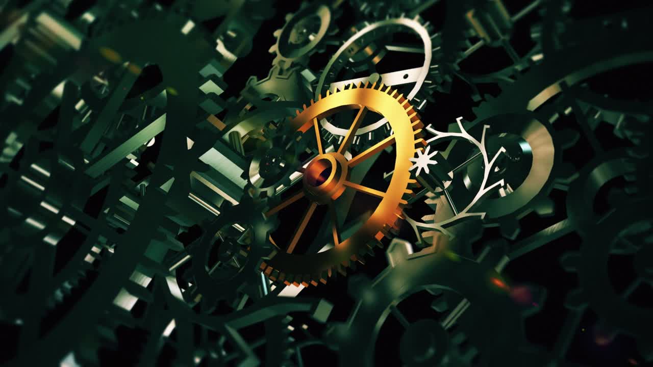 Rotating Machine Gears. Different Golden Gear Standing Out.