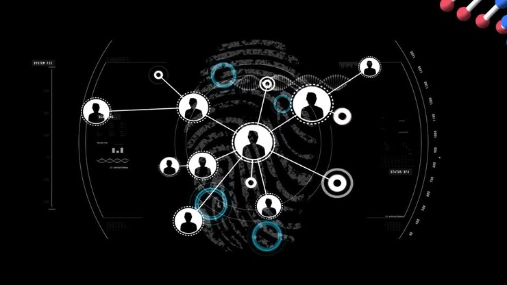 Animazione di elaborazione dati e impronta digitale su sfondo nero