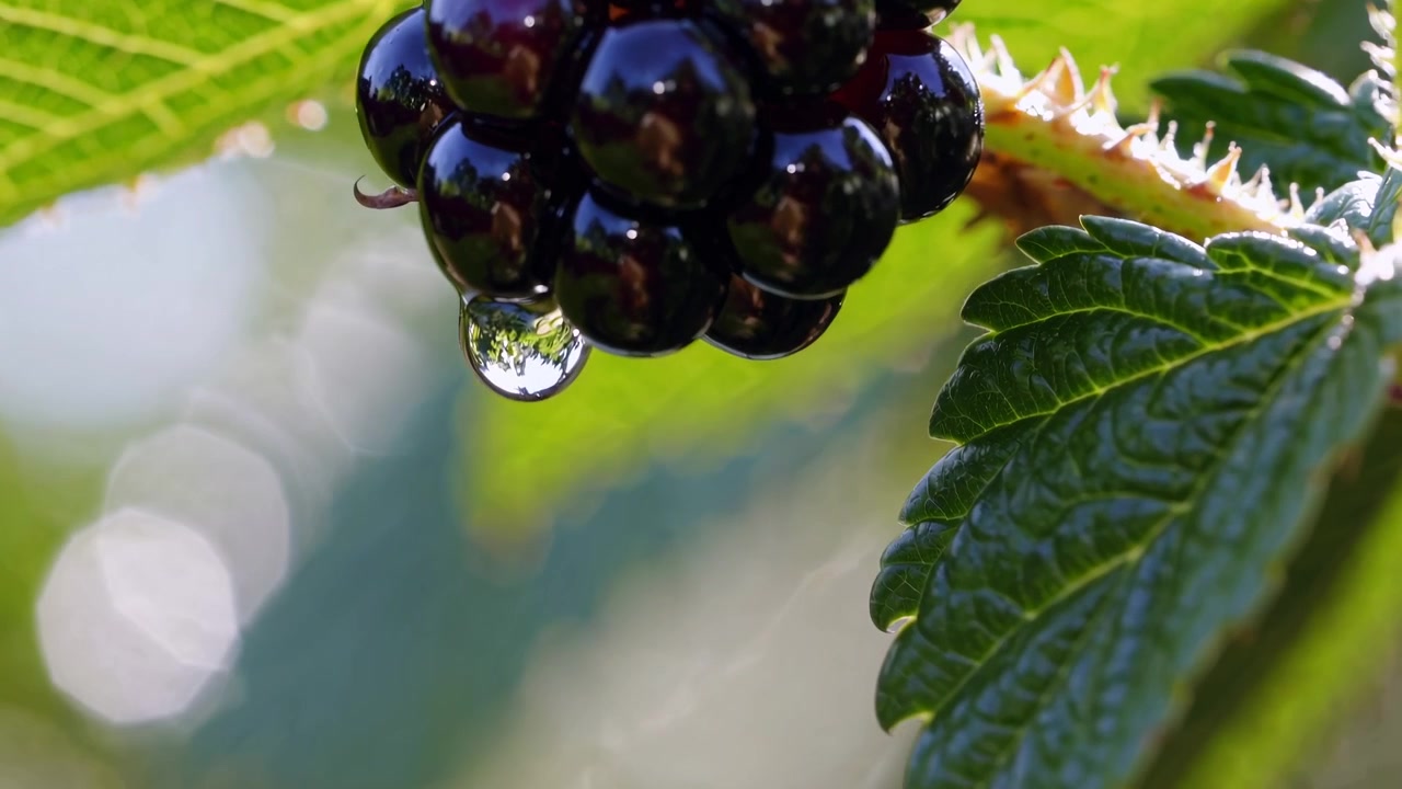 Macro di more con una goccia d'acqua e foglie verdi