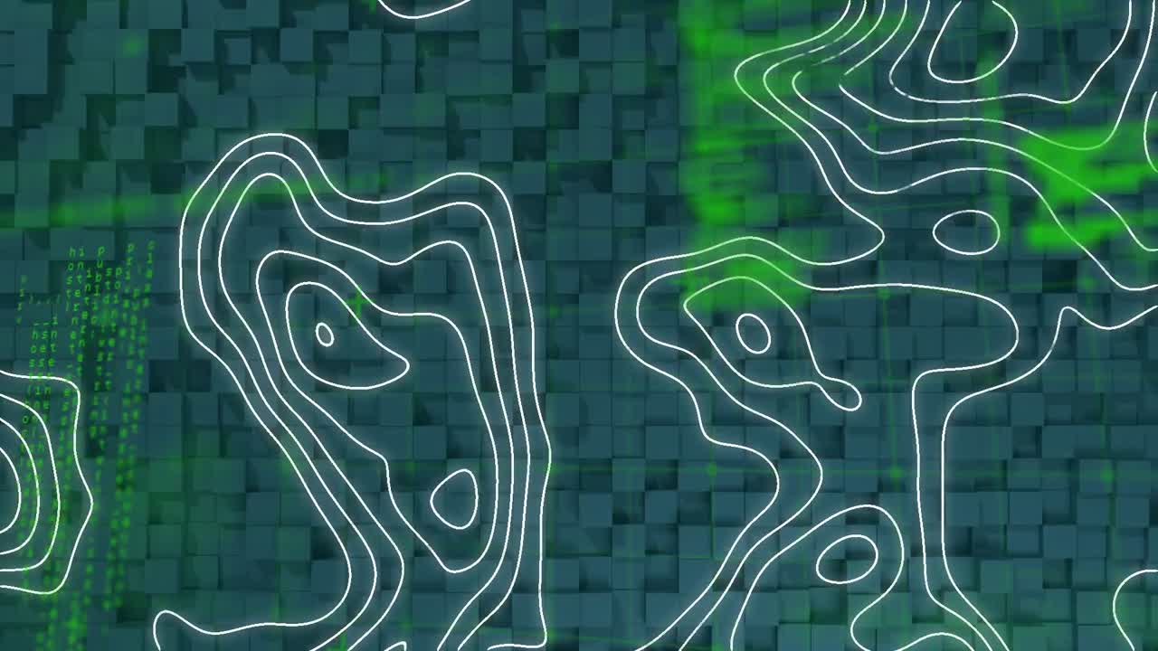 animación digital de patrones topográficos y procesamiento de datos contra un fondo azul texturizado