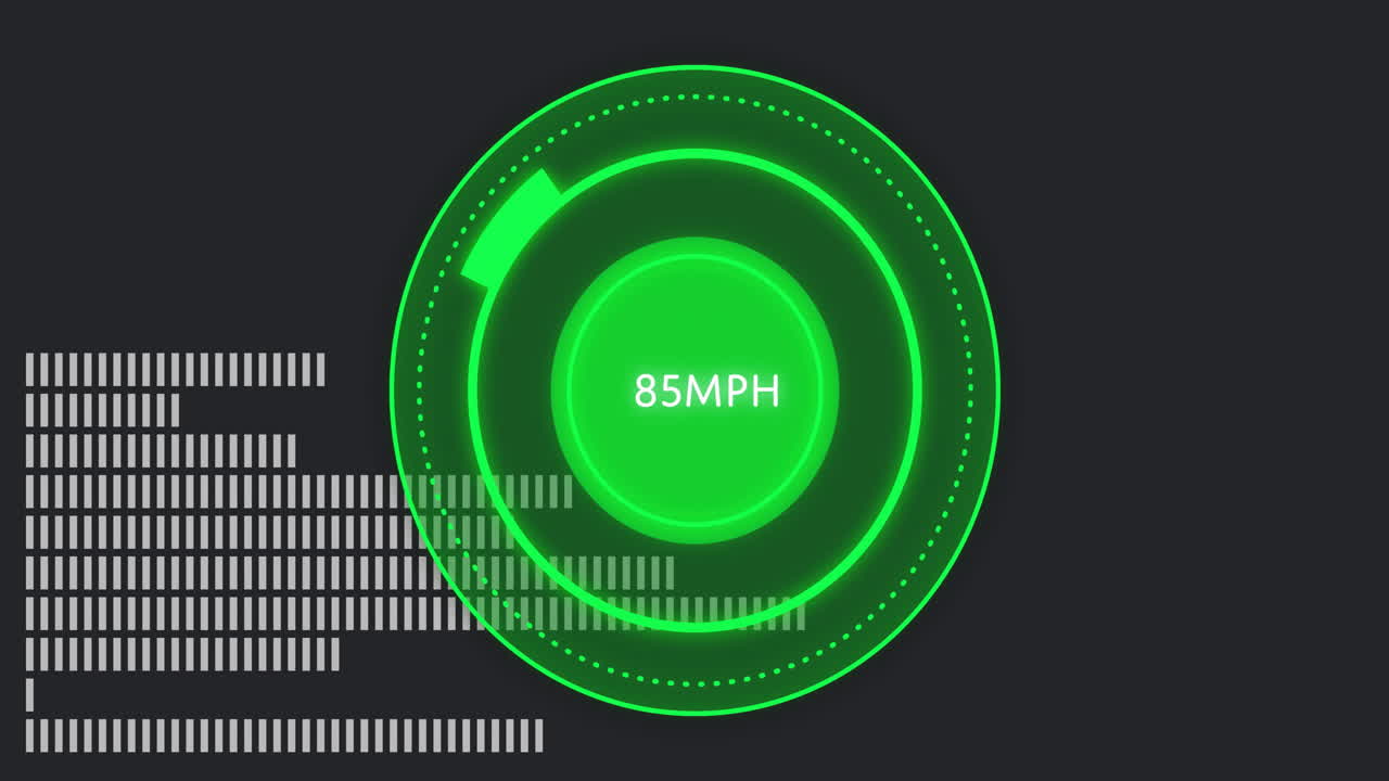 Displaying 85 MPH, green digital speedometer with data bars on dark background