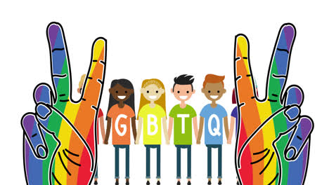 rainbow colored hand peace signs over diverse humans with lgbtq text on their t-shirts holding hands