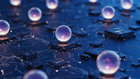 exploring a futuristic digital landscape: a glimpse into a technological realm of circuitry and glowing orbs illuminating a dark aesthetic background