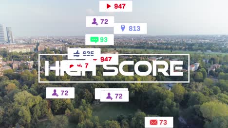 animation of high score text and social media icons over cityscape