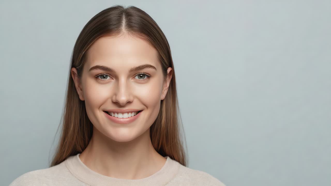 Recording model holding headshot pose at studio, smiling subtly, wearing beige sweater for portrait