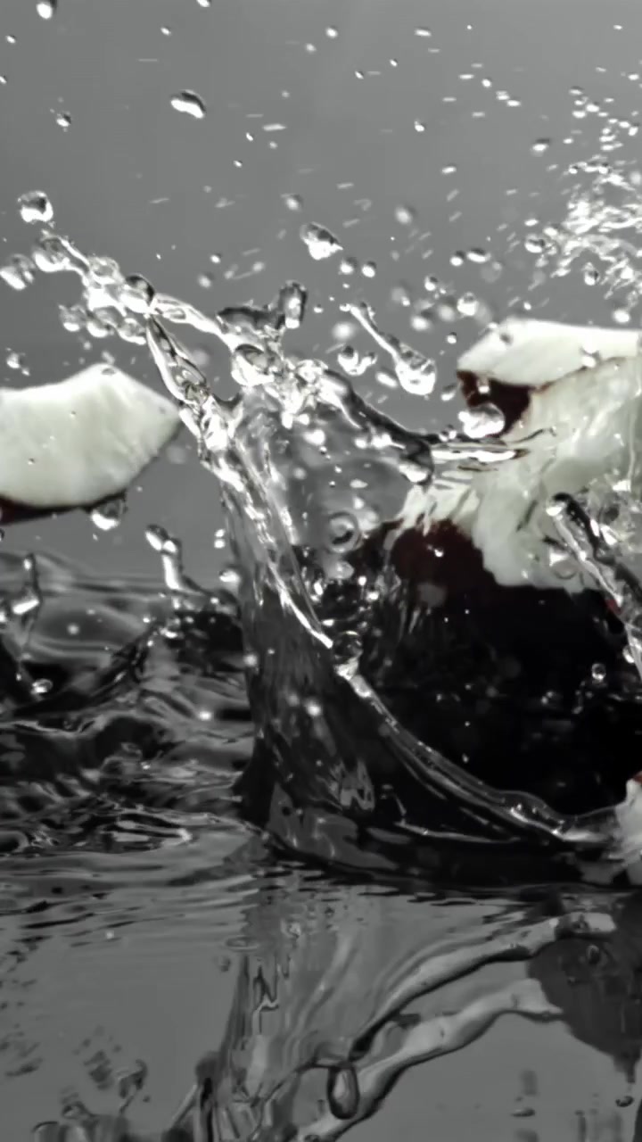Pezzi di cocco freschi che si tuffano nell'acqua al rallentatore