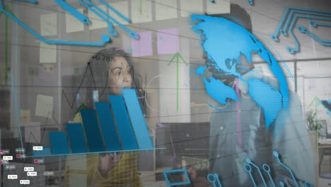 Animation-of-globe-and-graphs-over-diverse-man-and-woman-discussing-ideas-over-sticky-notes