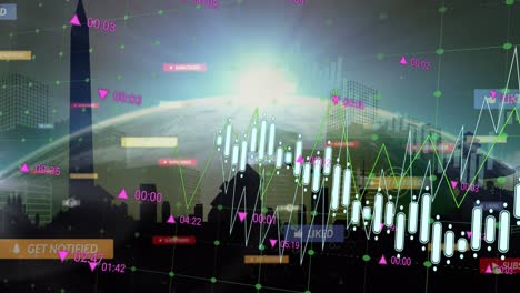 animation of data processing over cityscape