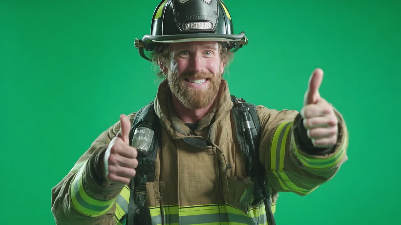 A confident firefighter gives a thumbs-up gesture, showcasing camaraderie and support while dressed in full firefighting gear against a vibrant green background