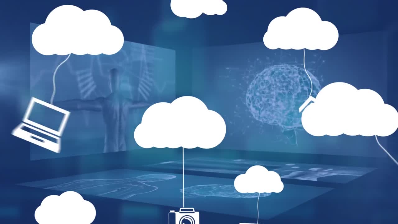 Animation of application icons hanging on clouds over digital human body and brain in background