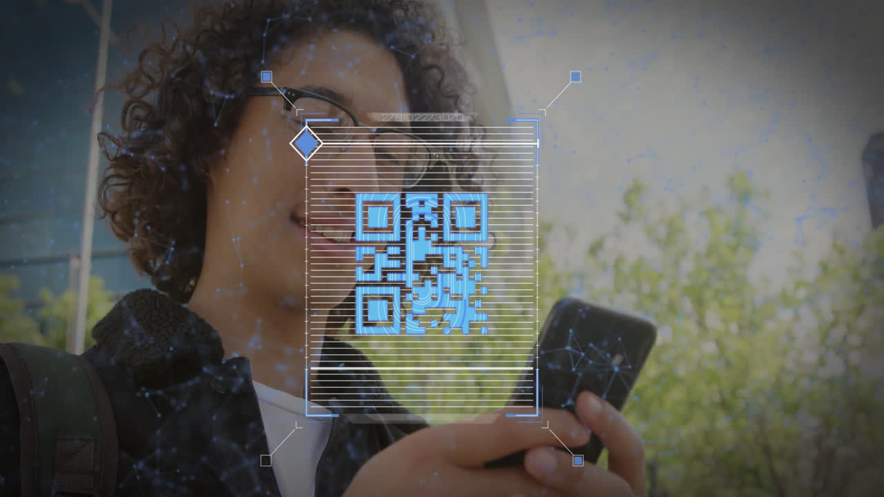 Man scanning QR code with smartphone outdoors, displaying holographic interface for technology demo