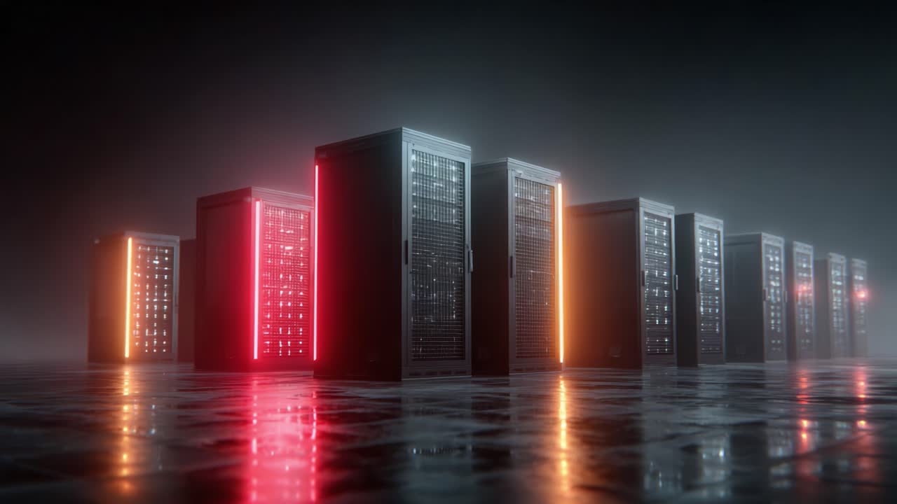 Dynamisk række af belyste servere i et højteknologisk datacenter under svag belysning, der viser udviklingen af moderne it-infrastruktur og -konnektivitet