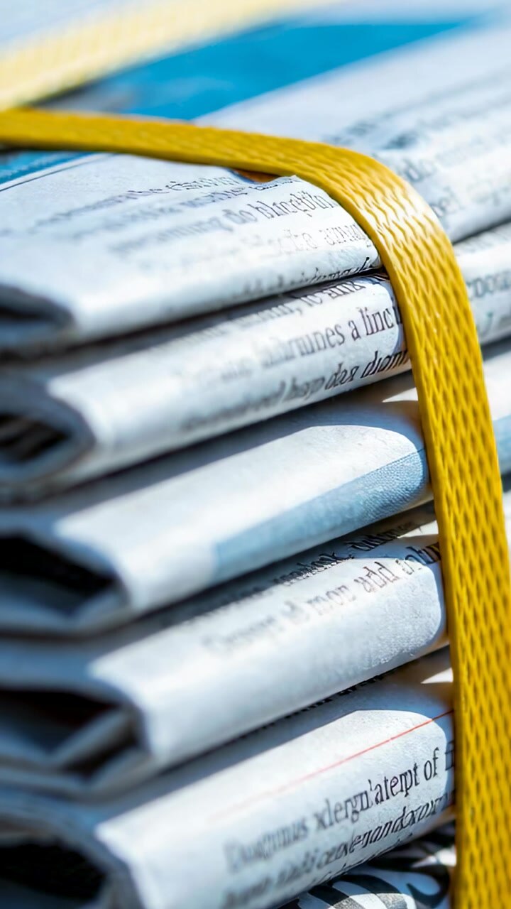 Vertical video: Recording folded newspapers remaining centered on table with yellow strap, blue top