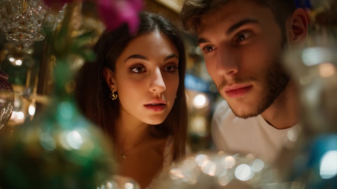 Captivating Moments: A Young Couple's Intimate Encounter Surrounded by Ornate Decor and Glimmering Lights, Sharing an Engaging Experience as They Explore the Beauty of Their Environment