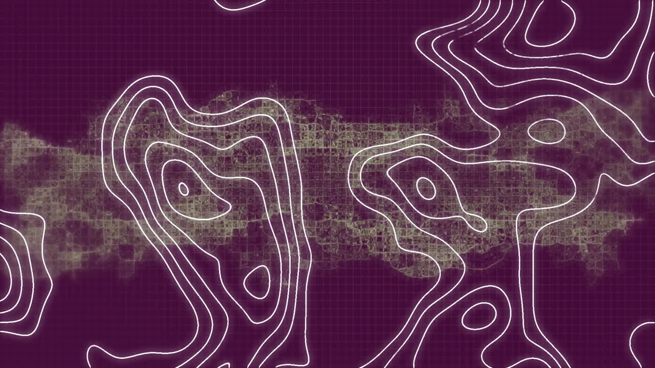 Animation of abstract topographic lines and digital grid on purple background