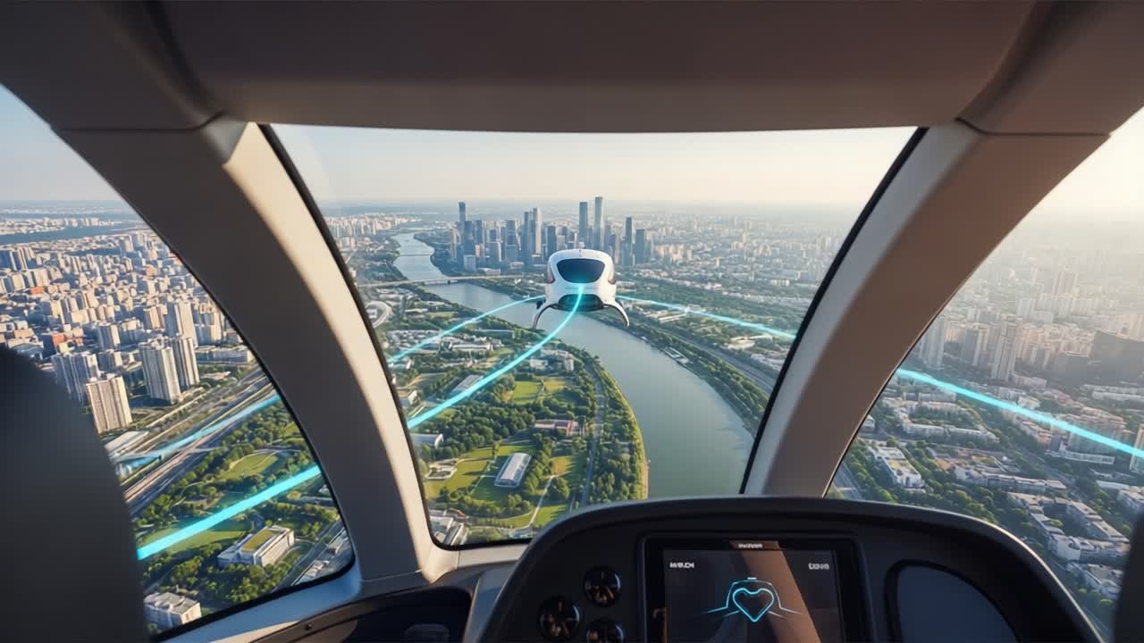 Aerial View from Futuristic Aircraft Gliding Over a Modern Cityscape, Showcasing Urban Landscape and Advanced Technology in Flight