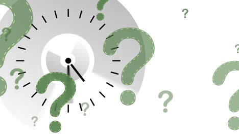Animation-of-green-question-marks-over-clock-moving-fast-on-white-background