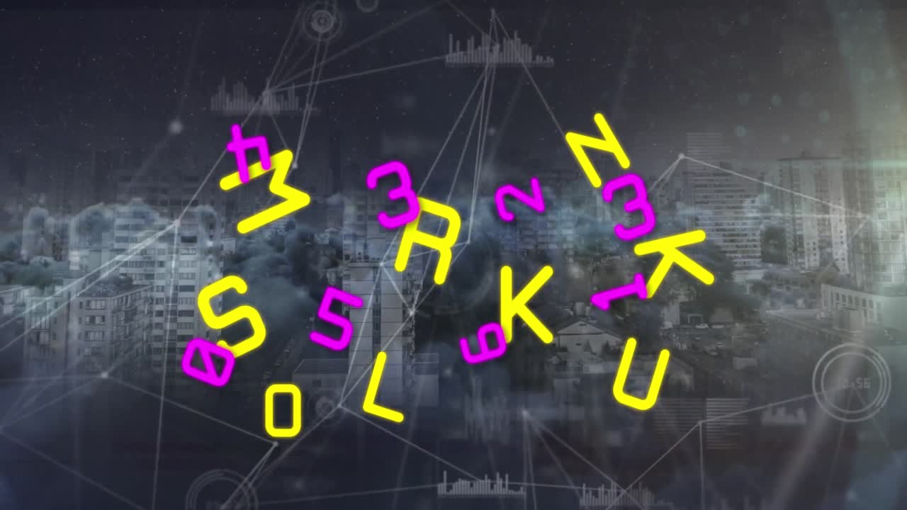 Animation of multiple numbers and alphabets over network of connections against dark clouds