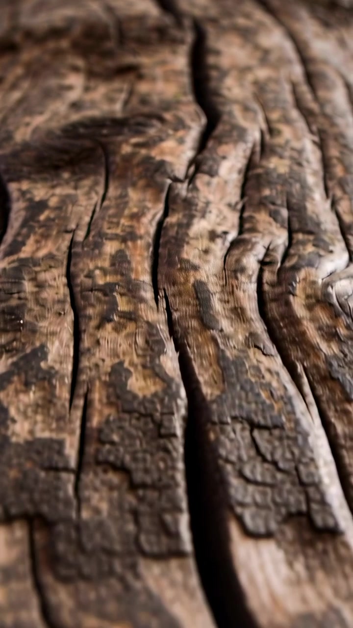 Video verticale: La telecamera avanza mostrando una tavola di legno con una fessura e sfaldature in primo piano.