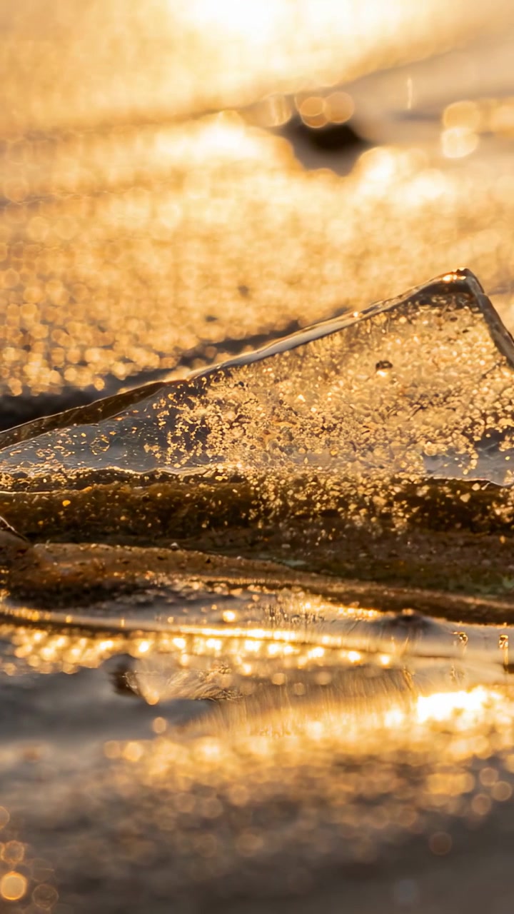 Video verticale: Scheggia scintillante sulla sabbia bagnata a riva, che cattura il sole basso sulla pellicola d'acqua, messa a fuoco che si sposta