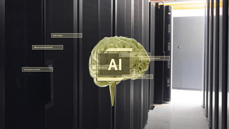 animación de un texto, cerebro y procesamiento de datos a través de servidores informáticos
