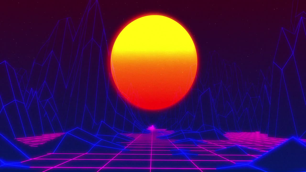 animación del sol sobre montañas digitales sobre fondo negro