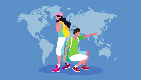 young adventurous couple in earth map animation