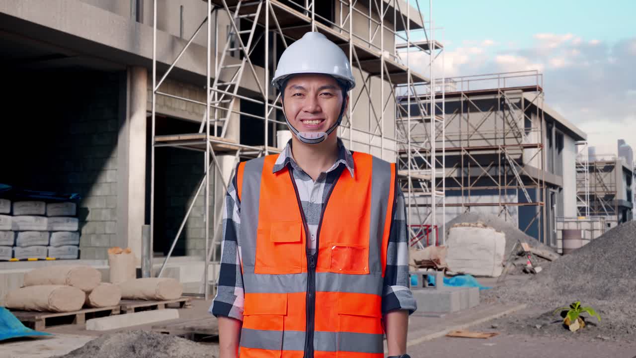 Asian Male Engineer With Safety Helmet Smiling To Camera While Standing At Building & Construction Site in Progress to New House