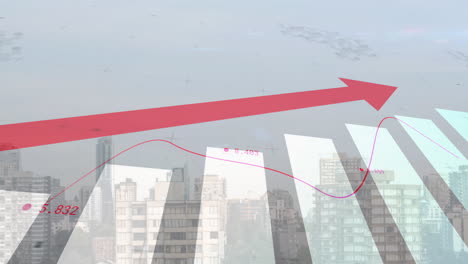 animation of statistics with red arrow and financial data processing over cityscape in background