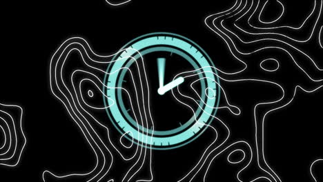 digital animation of topography against neon blue digital clock ticking on black background