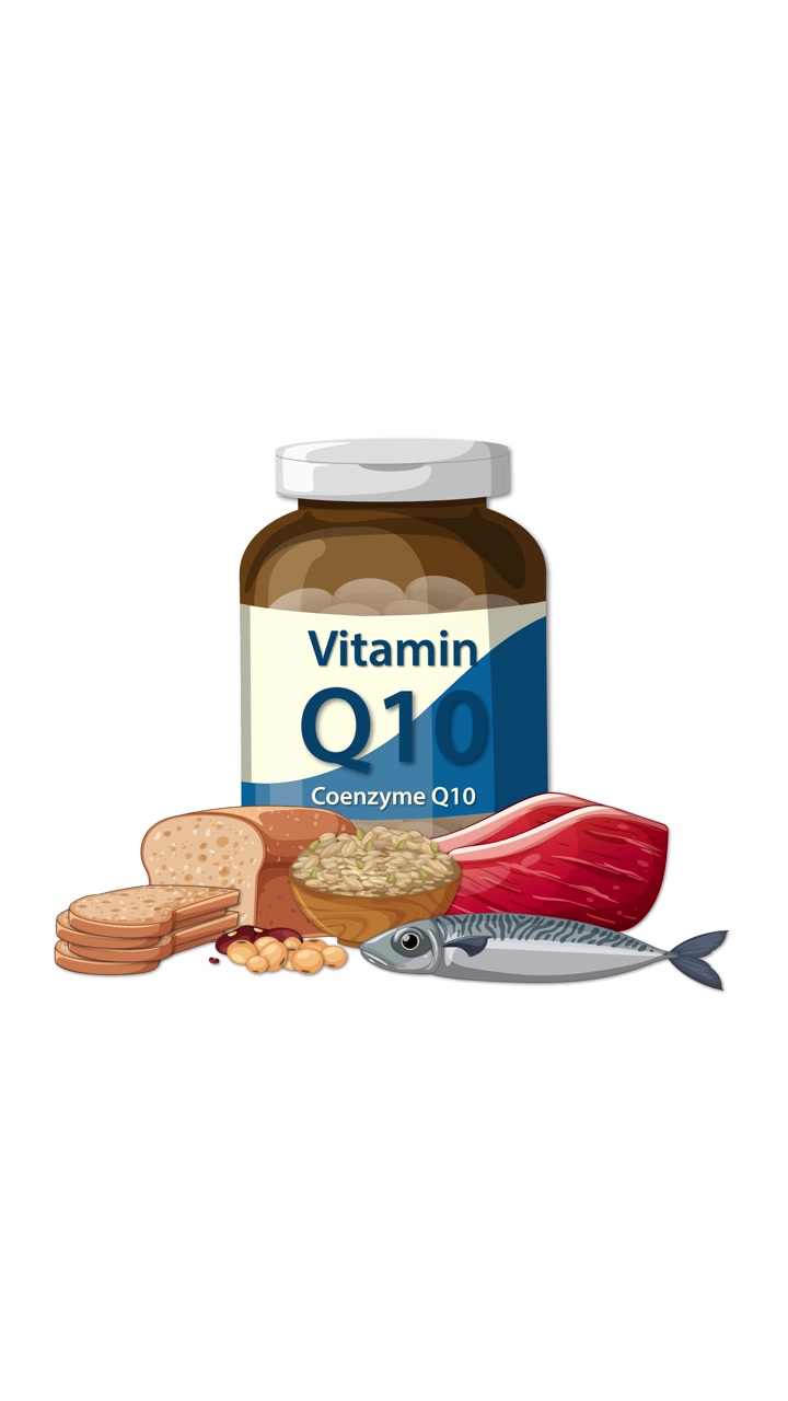 Una bottiglia di Vitamina Q10 appare con pesce, carne, pane e noci in una sequenza di animazione pulita e luminosa.