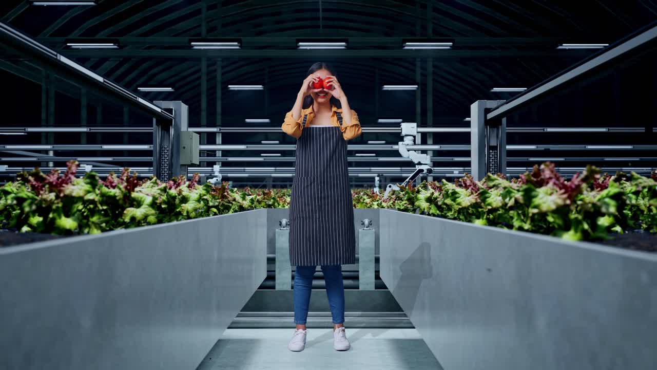 cuerpo lleno de agricultora asiática jugando con tomates en la granja inteligente
