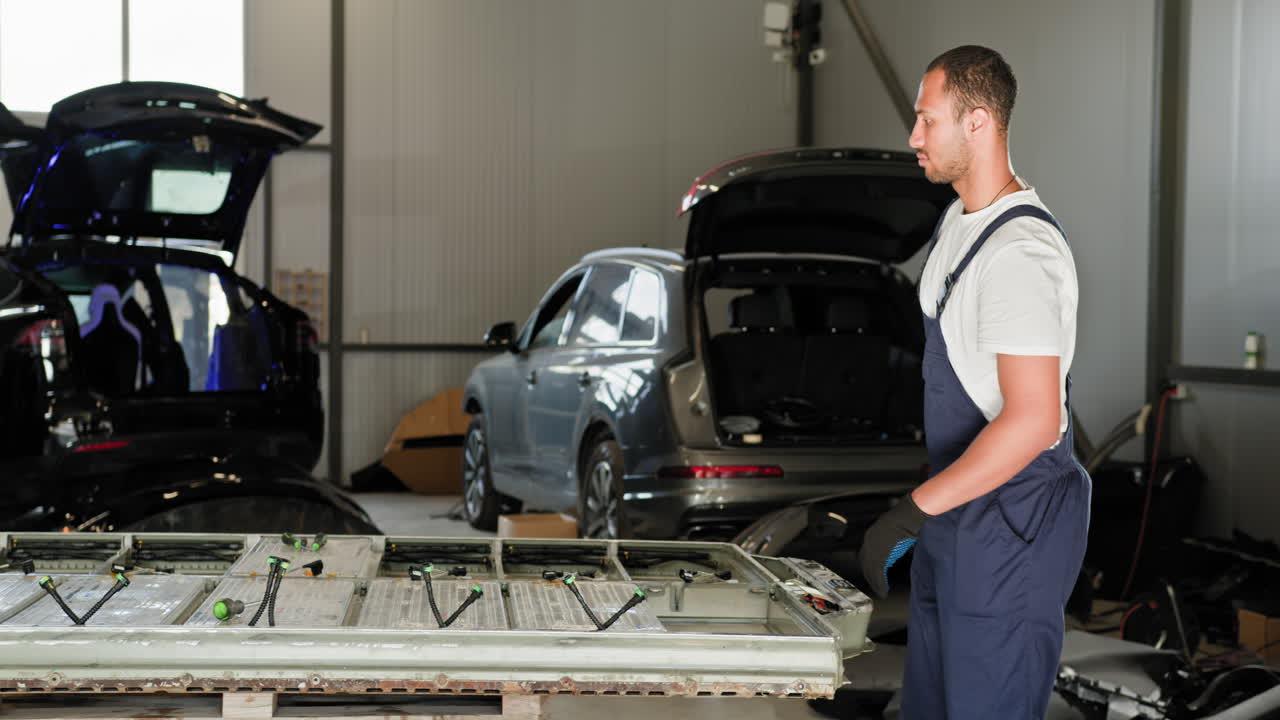 mecánico de automóviles trabajando en una pieza de automóvil en un garaje