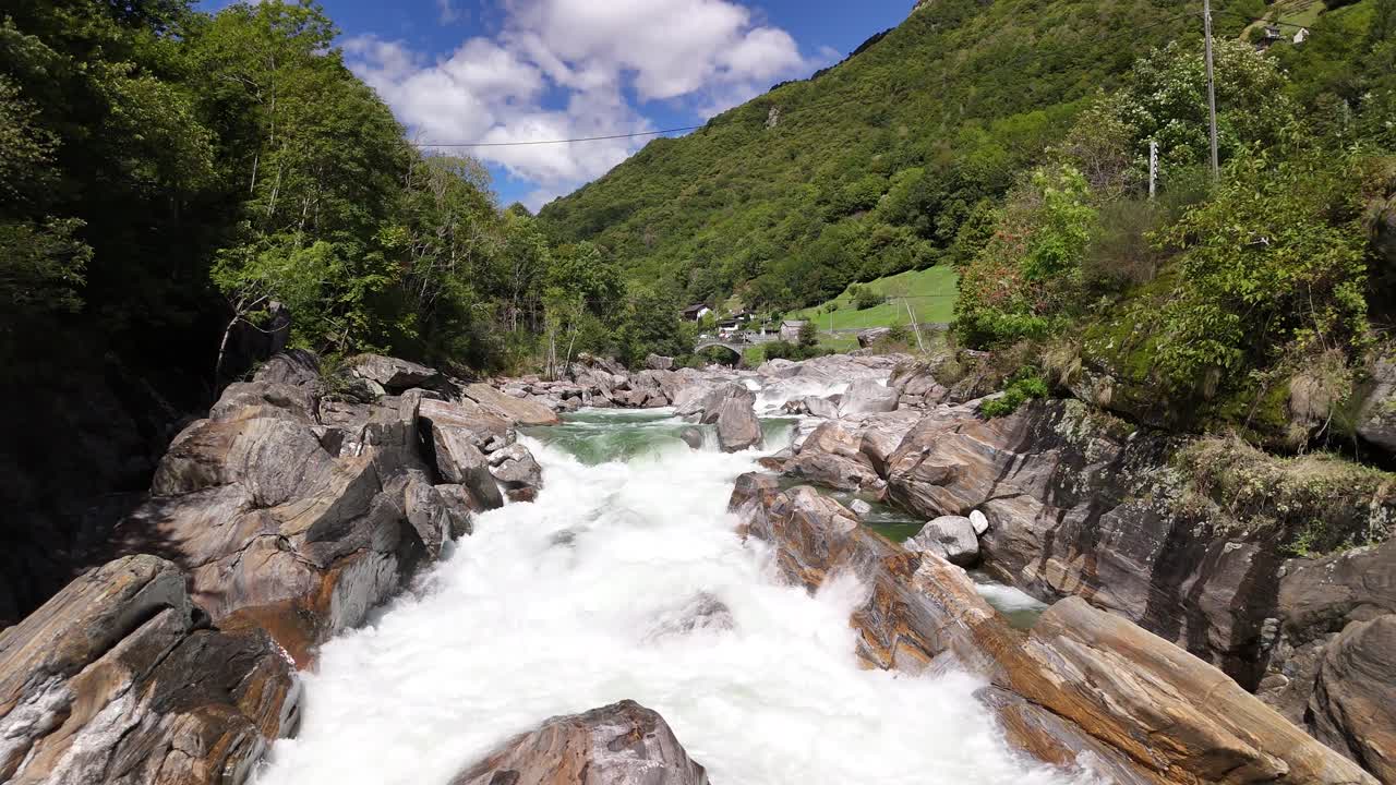 Switzerland Valle Verzasca river Ticino aerial drone picturesque nature valley