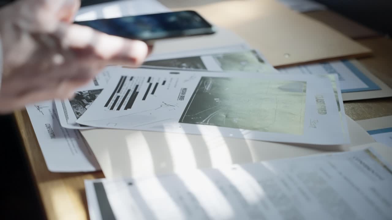 Spy or secret agent leans over desk cluttered with confidential documents, snapping photos with smartphone. Espionage, covert intelligence gathering, photographing classified information files