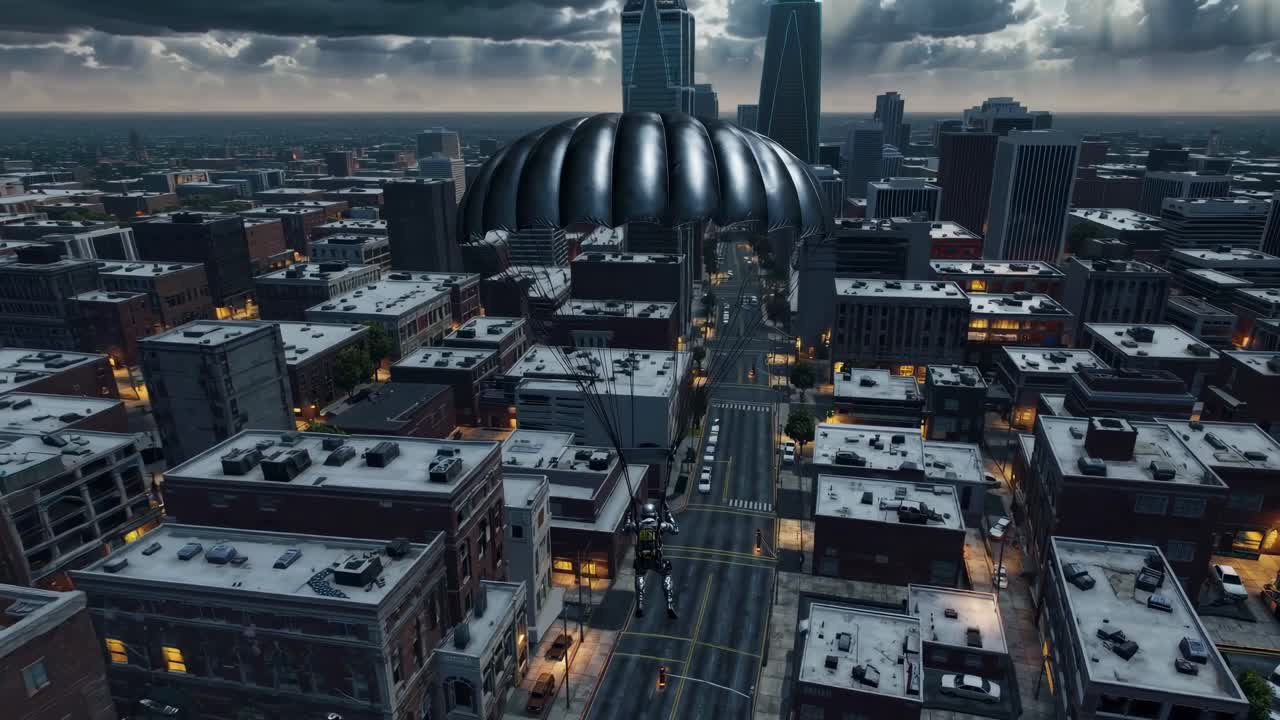 Mechanized warrior descending through twilight urban landscape, strategic deployment preparing for high stakes combat mission against dystopian cityscape backdrop