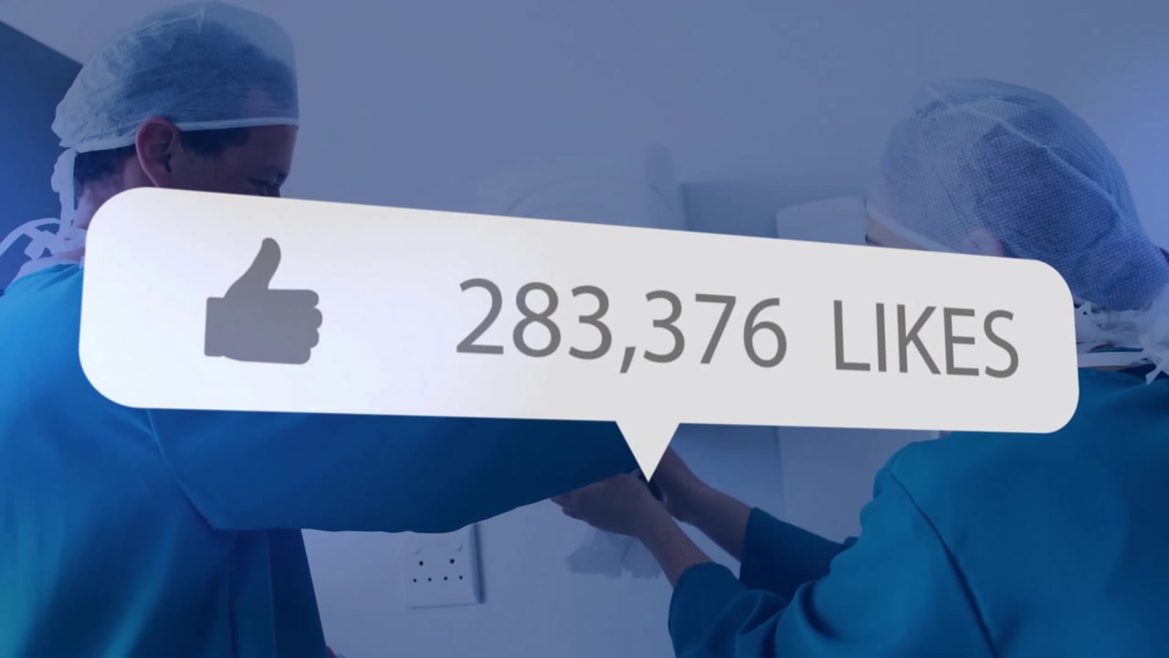 Medical workers wiping dispenser wall while animated like counter climbing past 900k for engagement