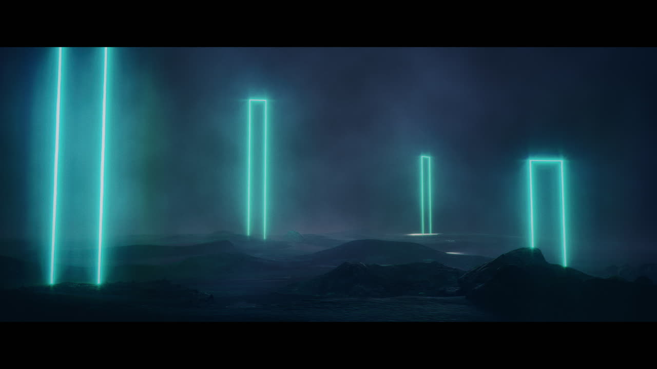 Rocky landscape with huge blue light portal structures
