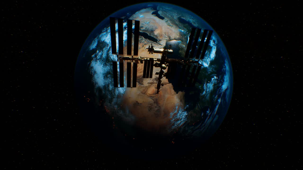 지구  ⁇ 도 위의 우주 공간에 있는 국제 우주 정거장
