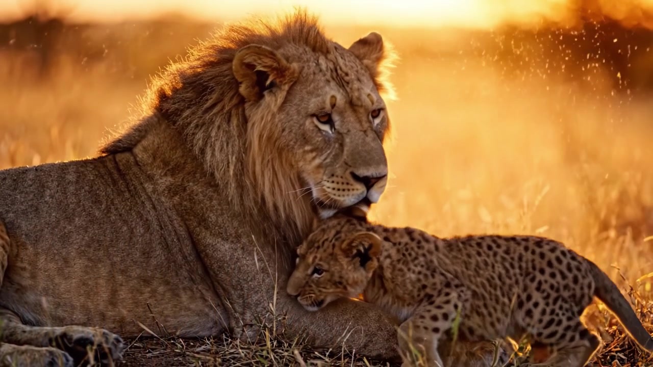 Momenti teneri nella savana dorata: un maestoso leone e il suo cucciolo giocoso condividono un legame commovente mentre il sole tramonta sul paesaggio africano