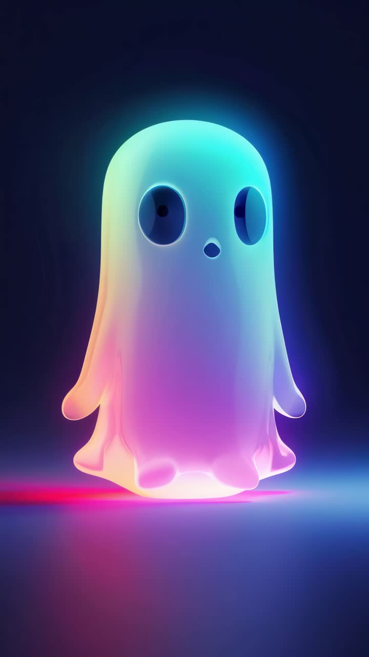 A vibrant, glowing cartoon ghost with wide eyes, captured in a low-angle shot