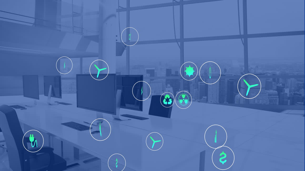 사무실의 유리 창문에서 볼 수 있는 도시 풍경 위의 지속 가능한 에너지 아이콘의 애니메이션