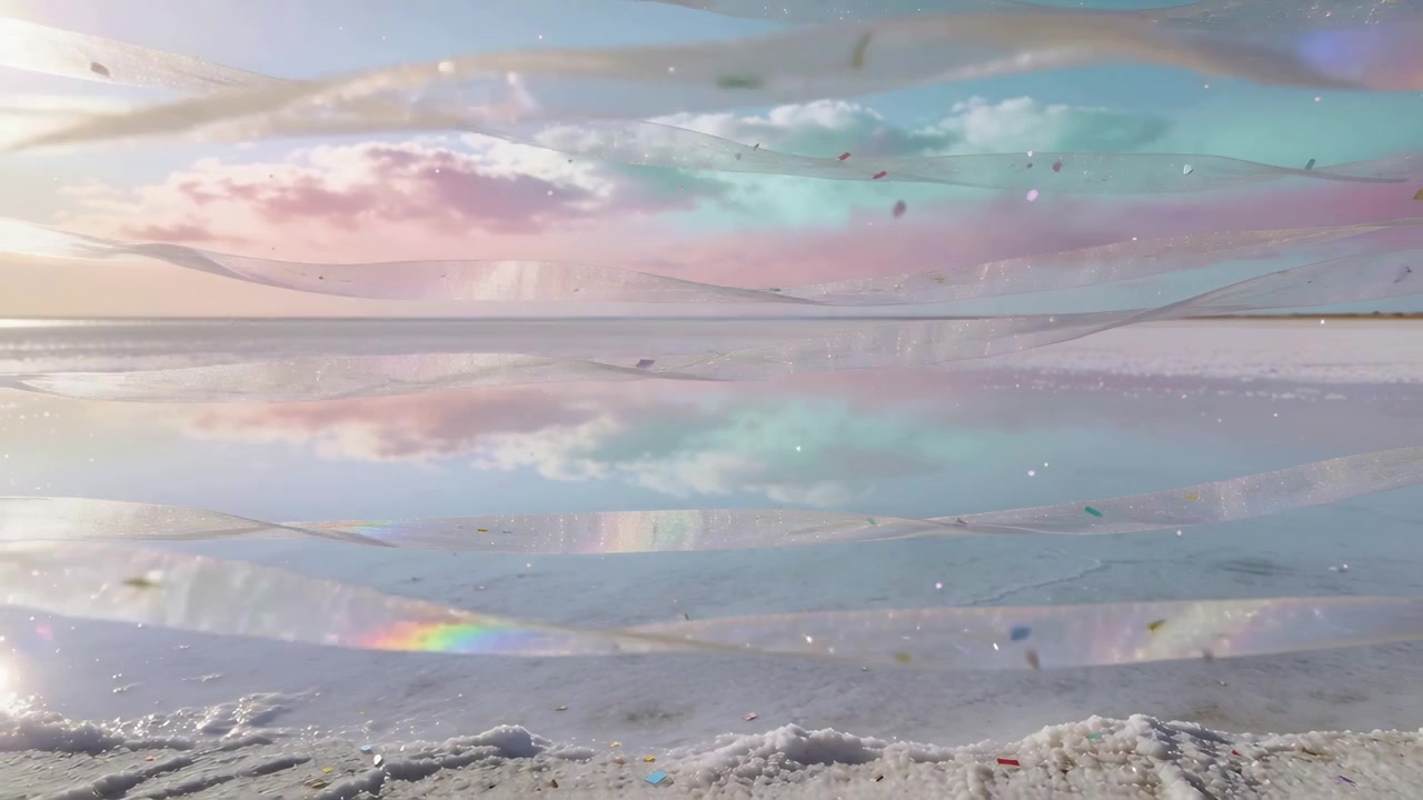 Reflecting mirror sea showing pastel clouds, salt crust shoreline, drifting confetti