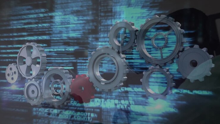 Animation of cogs moving and data processing over man wearing vr headset