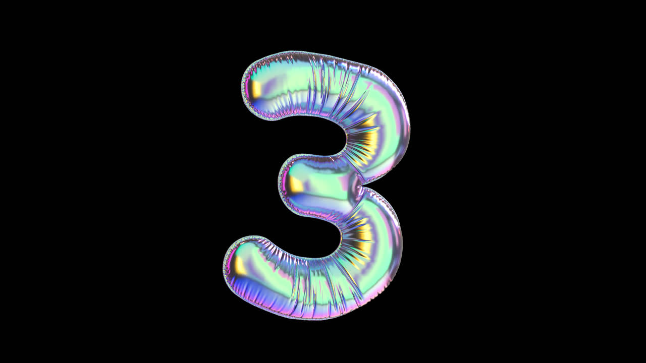 Holographic Number 3 Balloon Rotating on Black Background